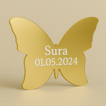 Plexi Spiegelglas Gastgeschenk Schmetterling Modell 1 mit Schriftzug (Gravur)