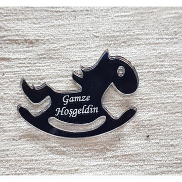 Plexi Spiegelglas Gastgeschenk "Schaukelpony" mit Schriftzug (Gravur)