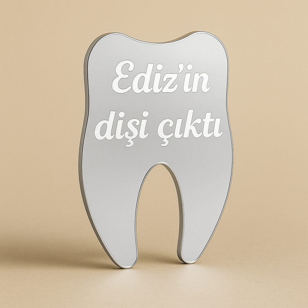 Plexi Spiegelglas Gastgeschenk Zahn mit Schriftzug (Gravur)