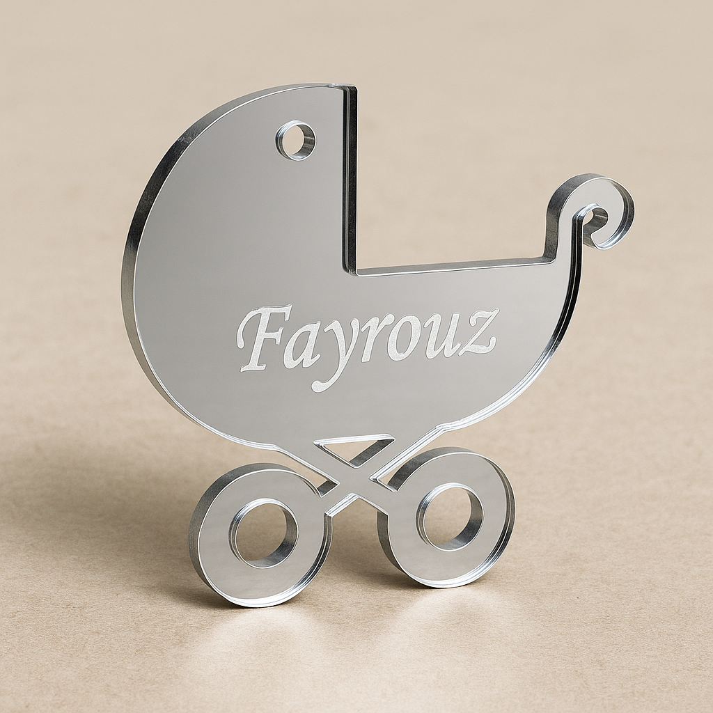 Spiegelglas Gastgeschenk "Kinderwagen" mit Schriftzug (Gravur)