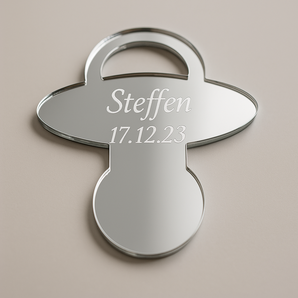 Spiegelglas Gastgeschenk "Schnuller" mit Schriftzug (Gravur)