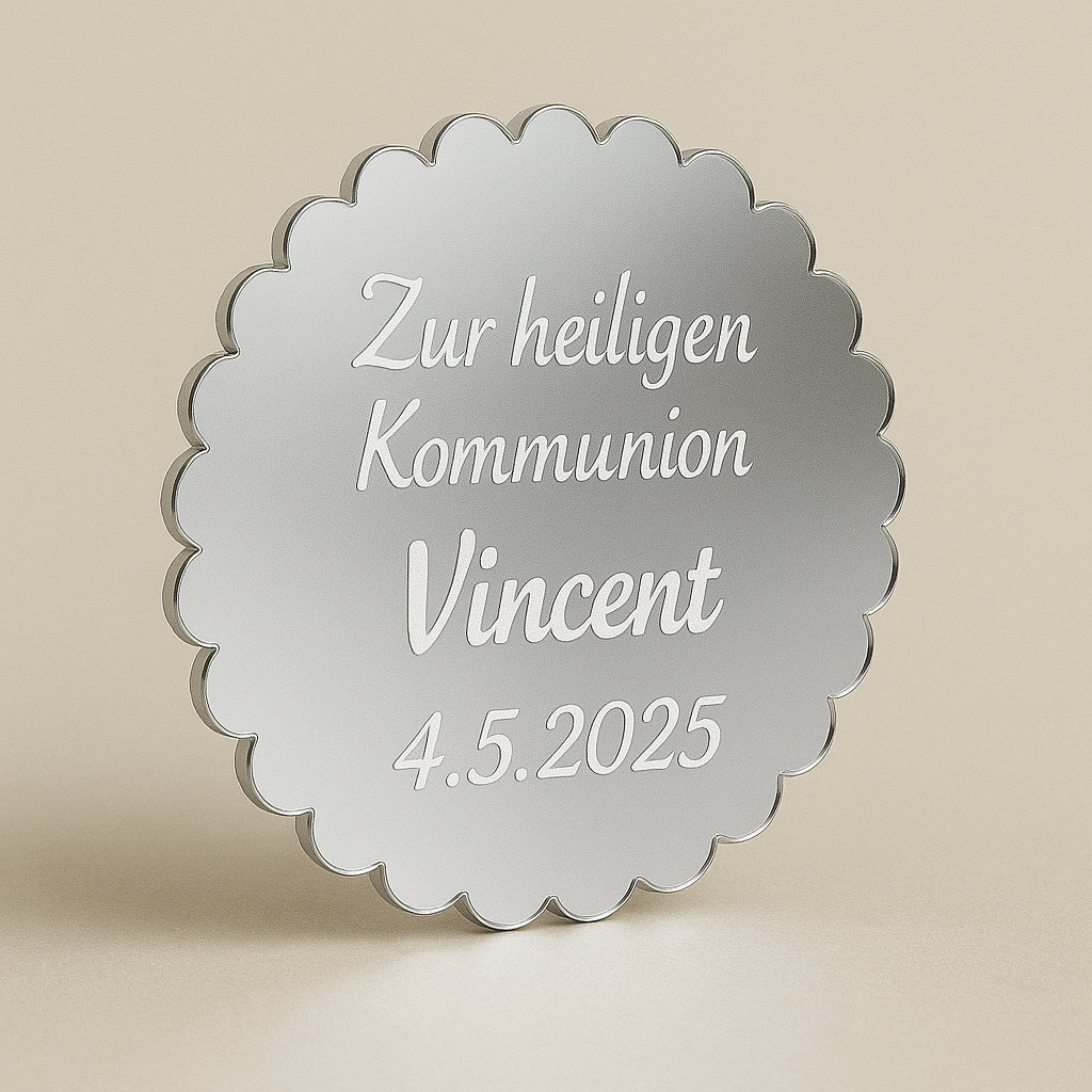 Plexi Spiegelglas Gastgeschenk Kreis 2 mit Schriftzug (Gravur)